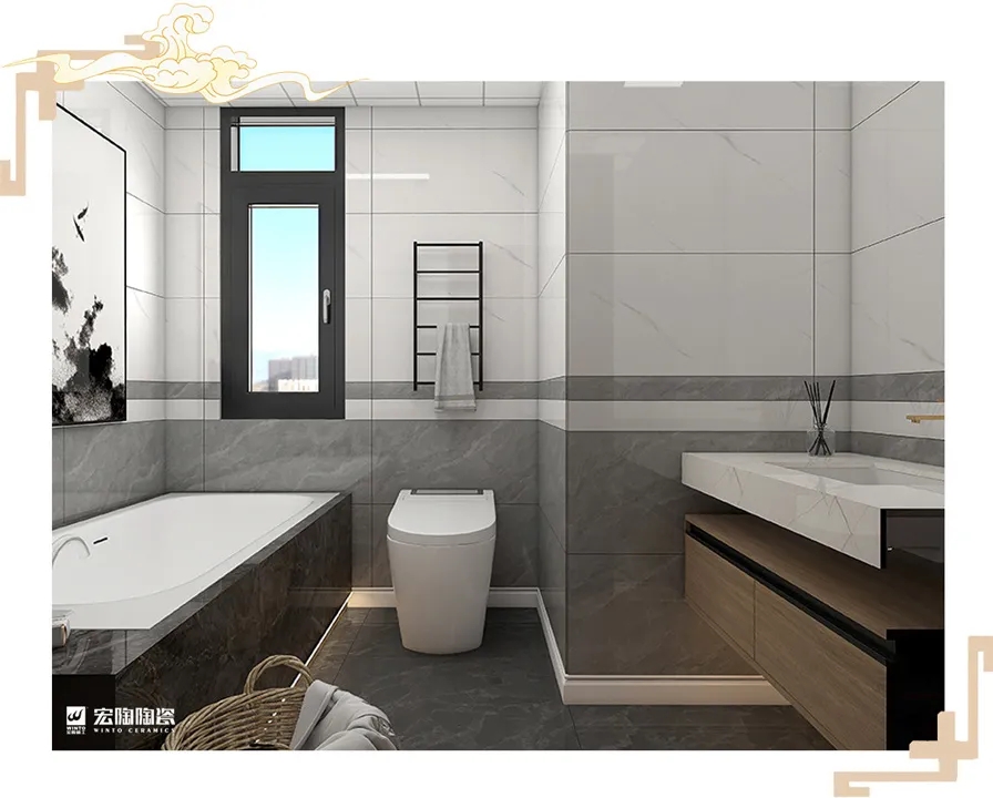 太阳城官网岩板TPGR84001+TPGR84012+TPG80225卫浴空间